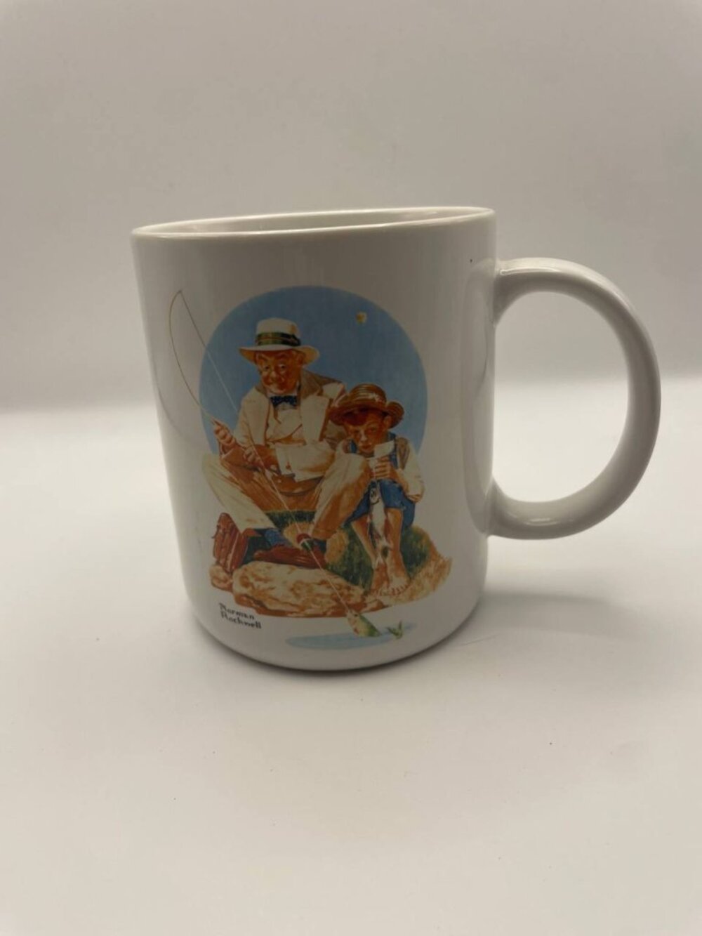 Norman Rockwell "Fishing Scene" Coffee Mug | Vintage Grandfather & Boy Art |